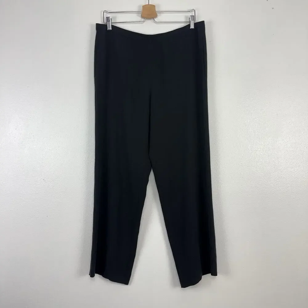 Eileen Fisher 100% Silk‎ Crepe Wide Leg Pants Large Petite Black Pull On Flowy